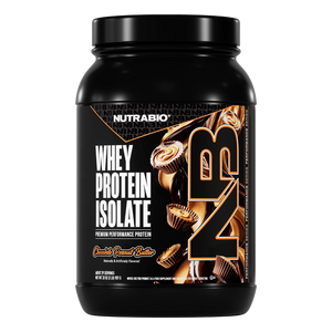 Nutrabio whey protein isolate container with chocolate peanut butter flavor on a white background