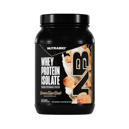 Black container of NutraBio whey protein isolate on a white background