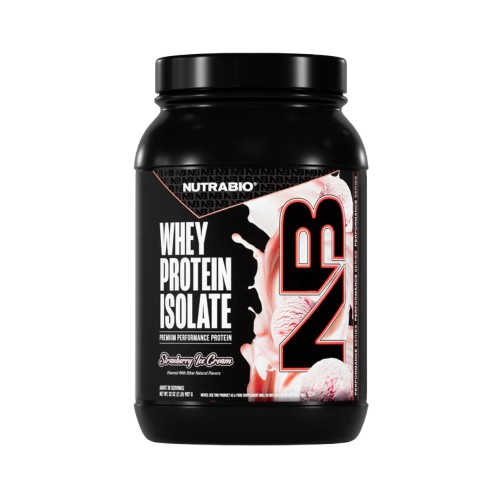 Black container of Nutrabio whey protein isolate on a white background