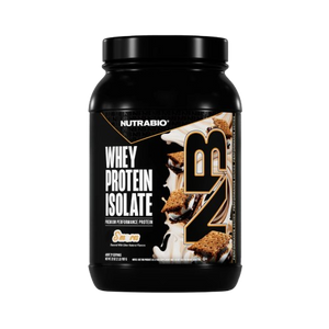 NUTRABIO whey protein isolate container on a white background
