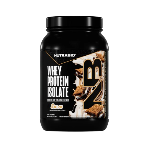 NUTRABIO whey protein isolate container on a white background