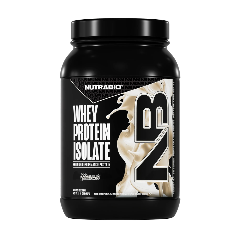 NutraBio whey protein isolate container with chocolate flavor on a white background