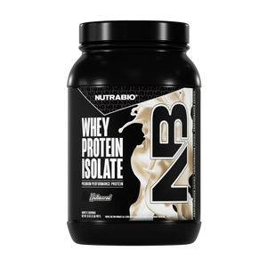 Black container of NutraBio whey protein isolate on a white background