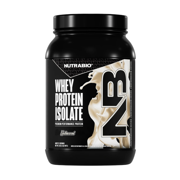 Black container of NutraBio whey protein isolate on a white background
