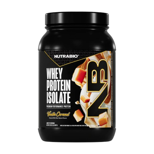 Black container of NutraBio whey protein isolate with vanilla caramel flavor on a white background