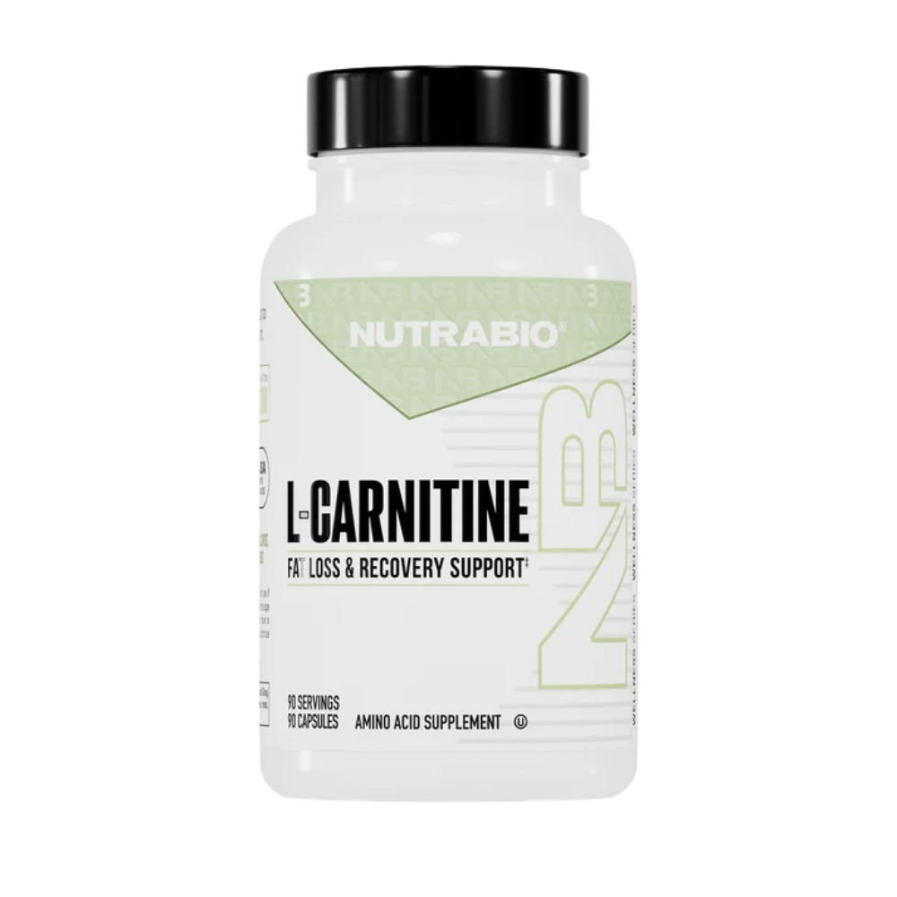A white bottle of Nutrabio L-Carnitine dietary supplement with a black cap, shown on a plain white background.