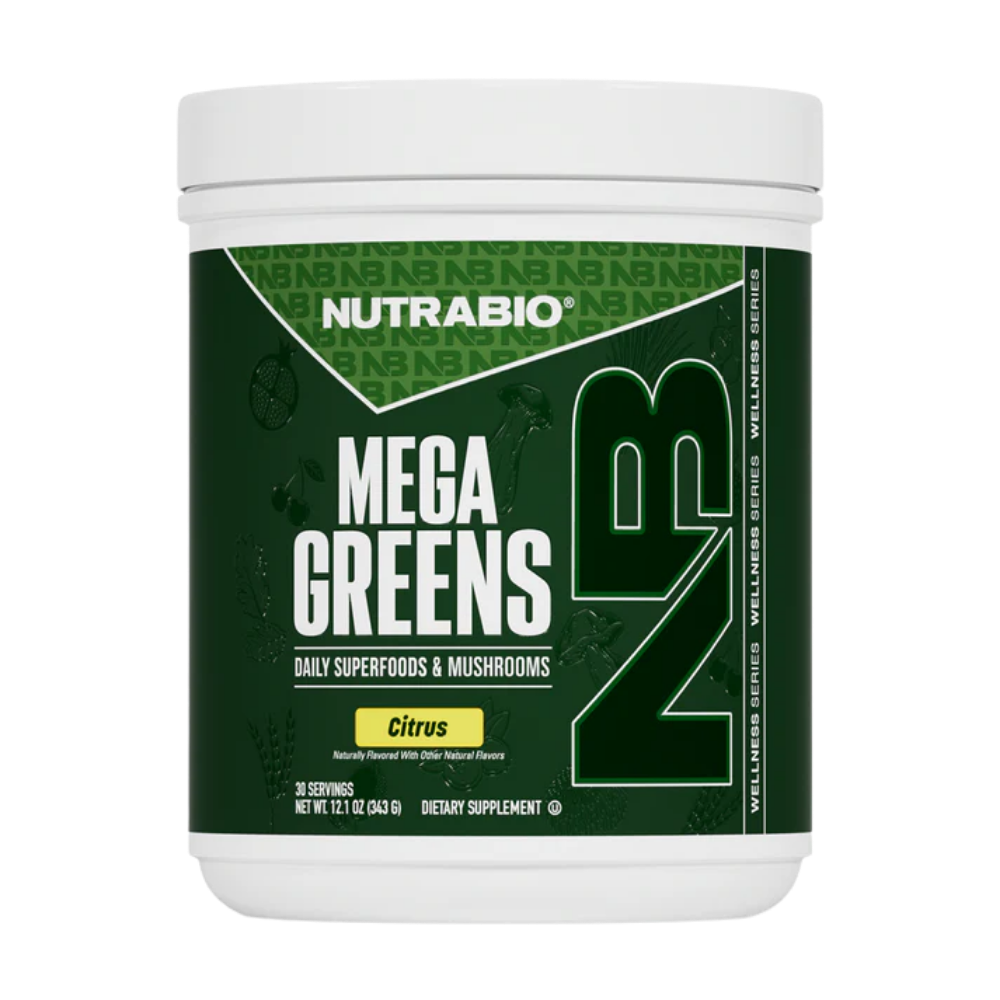 NutraBio Mega Greens Wild Berry flavor on a white background