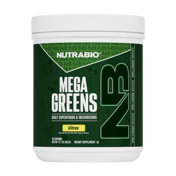 NutraBio Mega Greens Citrus flavor on a white background