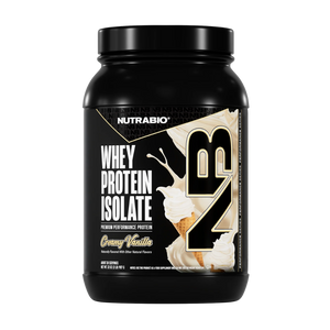 Nutrabio whey protein isolate container with creamy vanilla flavor on a white background