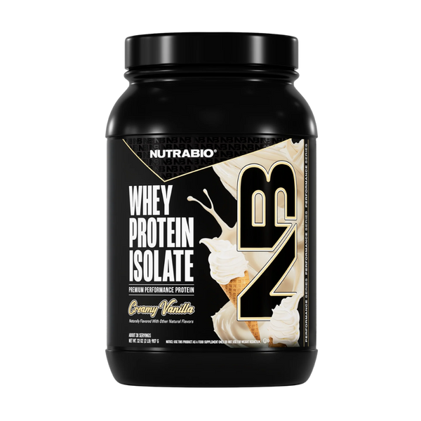 Nutrabio whey protein isolate container with creamy vanilla flavor on a white background