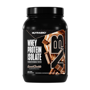 NutraBio whey protein isolate container with chocolate flavor on a white background