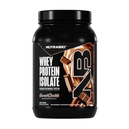 NutraBio whey protein isolate container with chocolate flavor on a white background