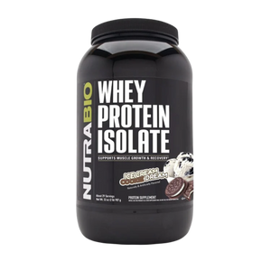 Black container of NutraBio Whey Protein Isolate with ice cream dream flavor on a white background