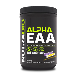 A black tub of NutraBio Alpha EAA dietary supplement in Blueberry Lemonade flavor, featuring a black label with lime green and white text.