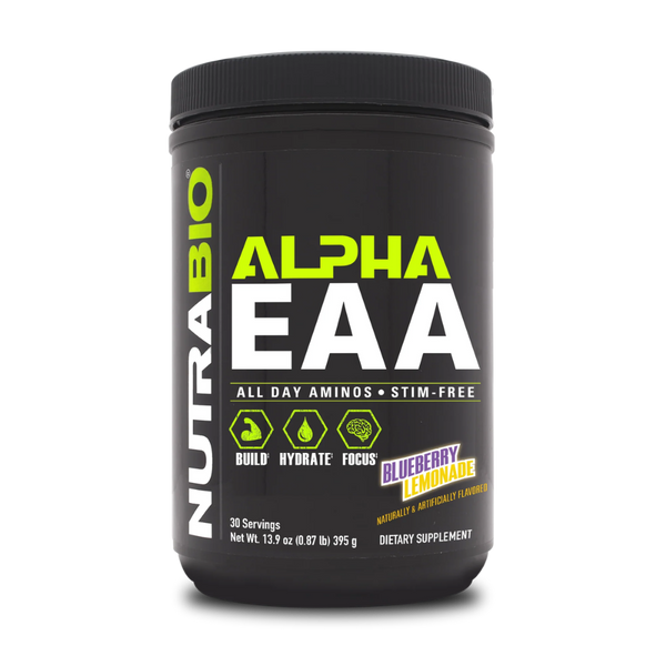 A black tub of NutraBio Alpha EAA dietary supplement in Blueberry Lemonade flavor, featuring a black label with lime green and white text.
