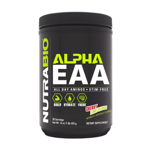 Black supplement container labeled 'Alpha EAA' by NutraBio on a white background