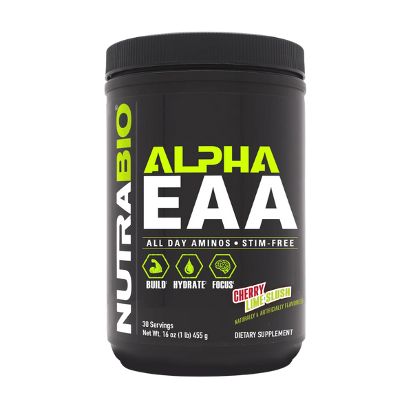 Black supplement container labeled 'Alpha EAA' by NutraBio on a white background
