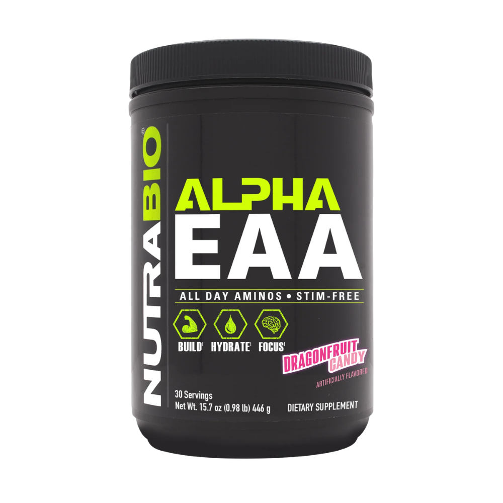 A black tub of NutraBio Alpha EAA dietary supplement in Dragonfruit Candy flavor, featuring a black label with lime green and white text.