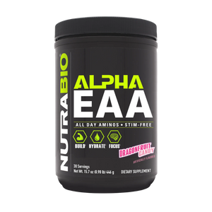 A black tub of NutraBio Alpha EAA dietary supplement in Dragonfruit Candy flavor, featuring a black label with lime green and white text.
