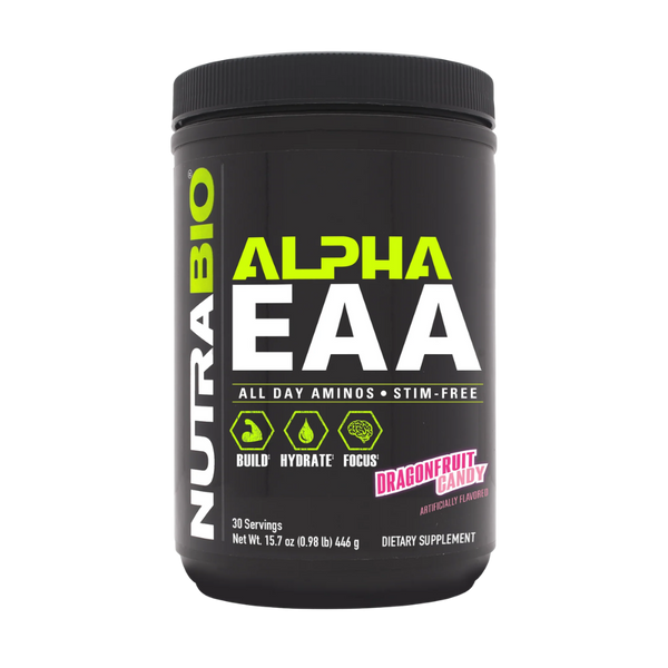 A black tub of NutraBio Alpha EAA dietary supplement in Dragonfruit Candy flavor, featuring a black label with lime green and white text.