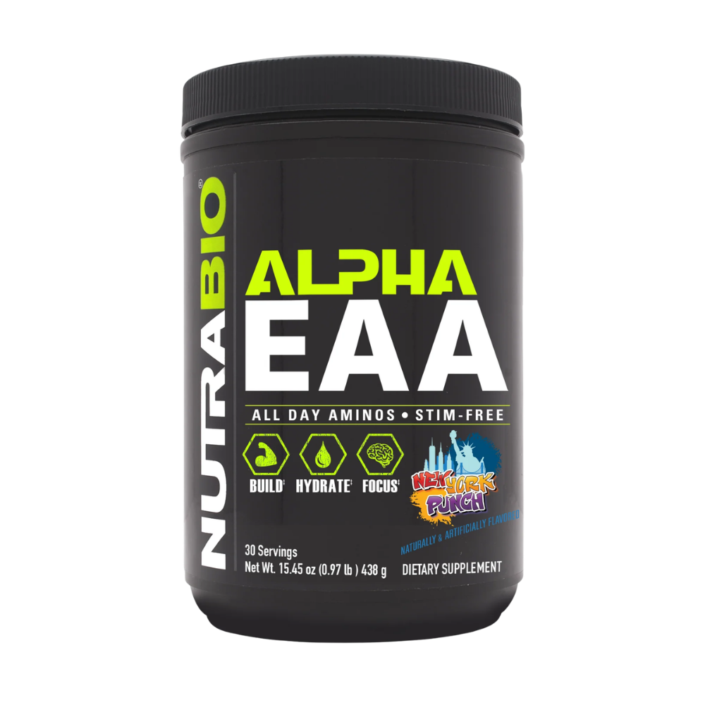 A black tub of NutraBio Alpha EAA dietary supplement in Dragonfruit Candy flavor, featuring a black label with lime green and white text.