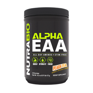 A black tub of NutraBio Alpha EAA dietary supplement in Peach Tea flavor, featuring a black label with lime green and white text.