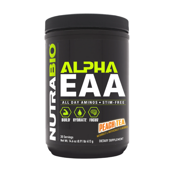 A black tub of NutraBio Alpha EAA dietary supplement in Peach Tea flavor, featuring a black label with lime green and white text.