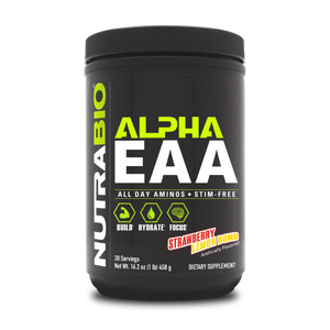 A black tub of NutraBio Alpha EAA dietary supplement powder, strawberry lemonade flavor, on a white background.