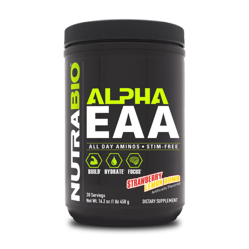 A black tub of NutraBio Alpha EAA dietary supplement powder, strawberry lemonade flavor, on a white background.