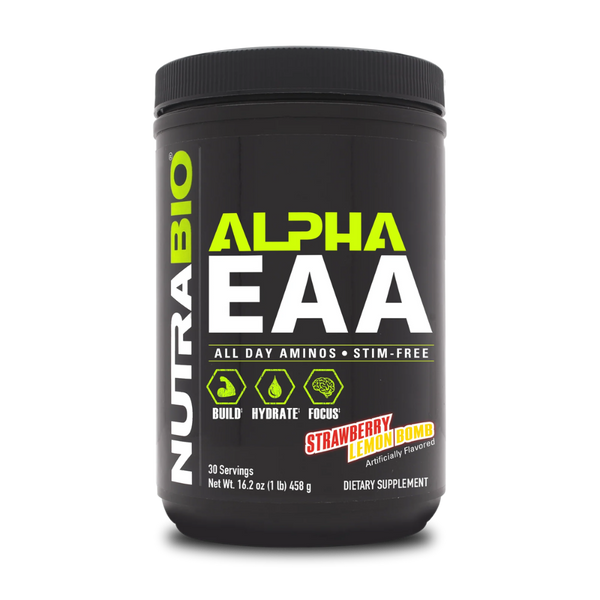A black tub of NutraBio Alpha EAA dietary supplement powder, strawberry lemonade flavor, on a white background.