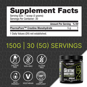 Supplement facts label for NutraBio Creatine Monohydrate with NutraBio container on a dark background