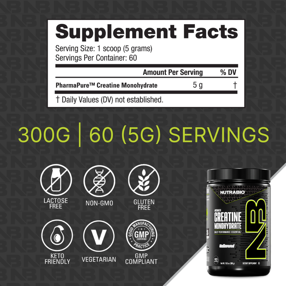 Nutrabio Creatine Monohydrate supplement container on a white background
