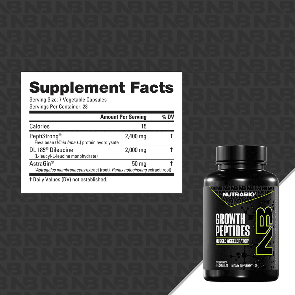 A black bottle of Nutrabio Growth Peptides Muscle Accelerator dietary supplement, featuring a black label with white and neon green text and graphics.