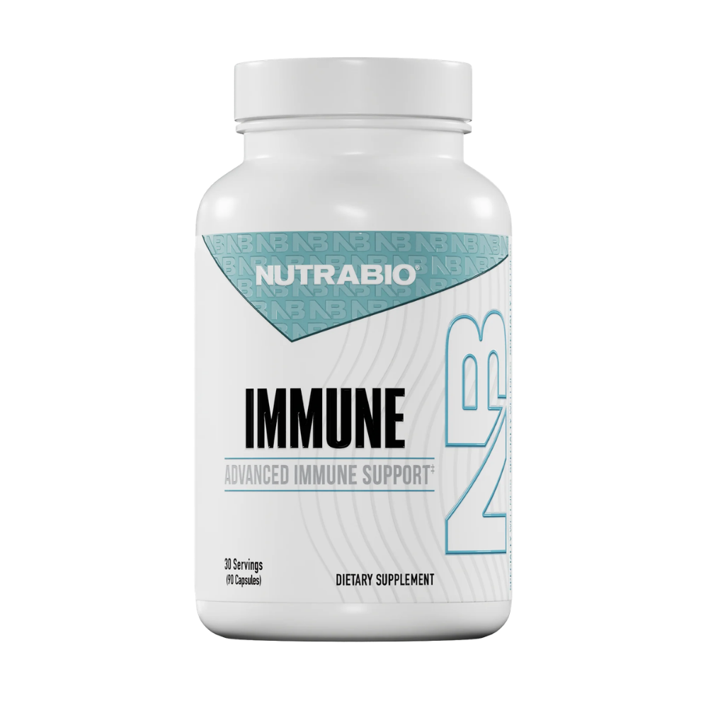 A white plastic bottle of Nutrabio Immune dietary supplement with a white cap, featuring a label with teal and black text on a clean white background.