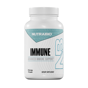 A white plastic bottle of Nutrabio Immune dietary supplement with a white cap, featuring a label with teal and black text on a clean white background.