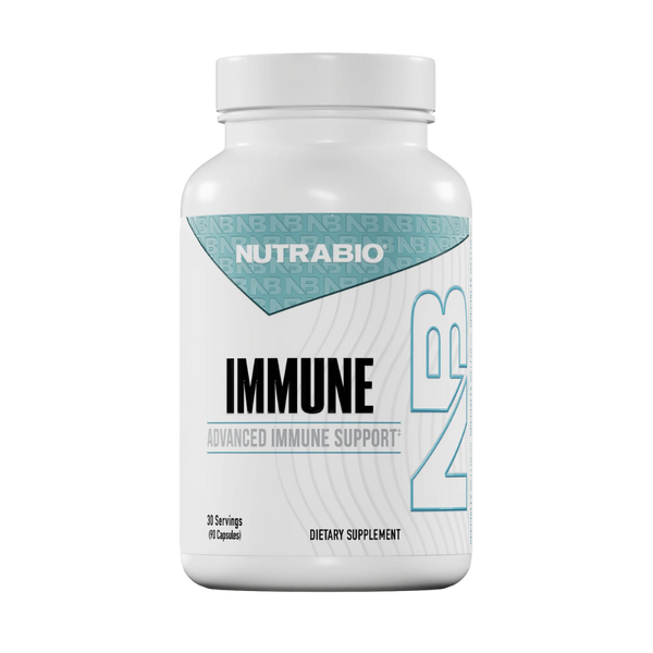 A white plastic bottle of Nutrabio Immune dietary supplement with a white cap, featuring a label with teal and black text on a clean white background.