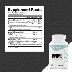 Nutrabio Immune dietary supplement bottle shown next to its Supplement Facts label on a dark textured background.