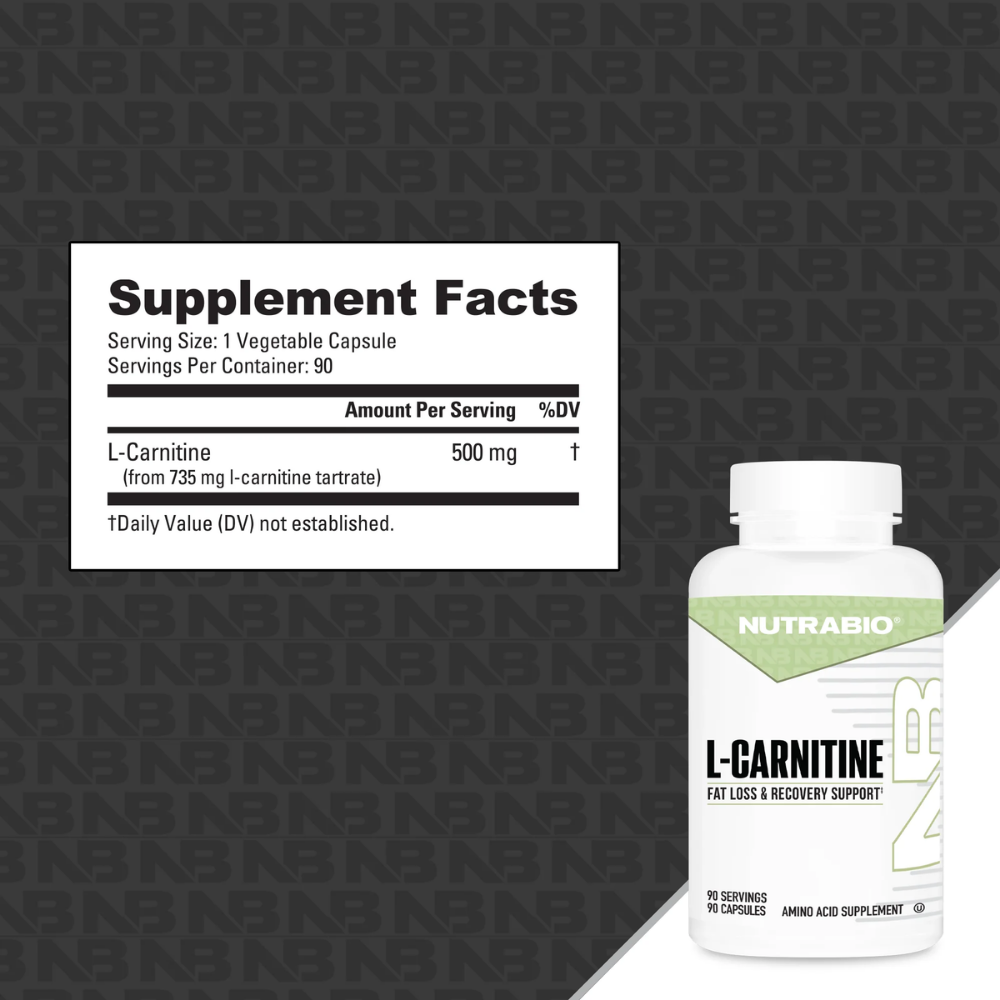A white bottle of Nutrabio L-Carnitine dietary supplement with a black cap, shown on a plain white background.
