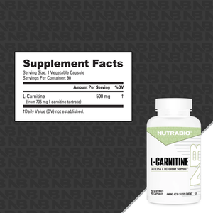 NUTRABIO L-Carnitine supplement bottle with supplement facts label on a branded background