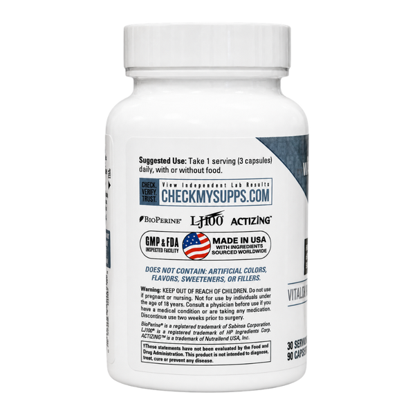 NutraBio Nutrabio Libido Vitality & Hormone Support 90 Capsules directions and warnings listed on bottle on a white background.