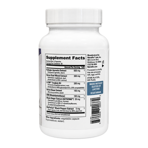 NutraBio Nutrabio Libido Vitality & Hormone Support 90 Capsules supplement facts label on bottle on a white background.