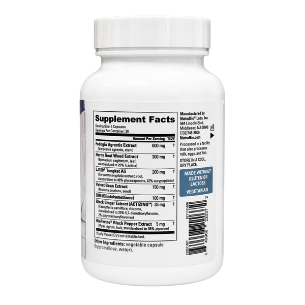 NutraBio Nutrabio Libido Vitality & Hormone Support 90 Capsules supplement facts label on bottle on a white background.