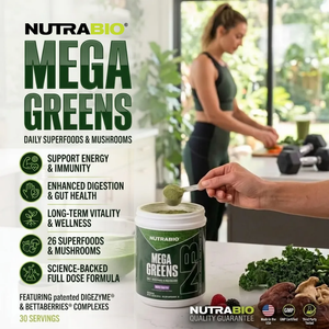 NutraBio Mega Greens Lifestyle image with benefits