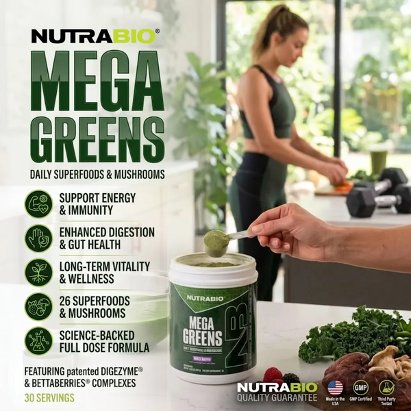 NutraBio Mega Greens Lifestyle image with benefits