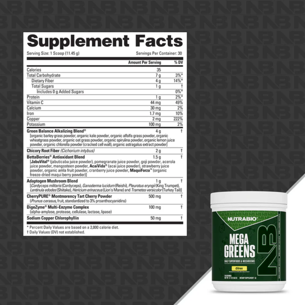 NutraBio Mega Greens Supplement Facts on a gray background with the citrus flavor next to it.