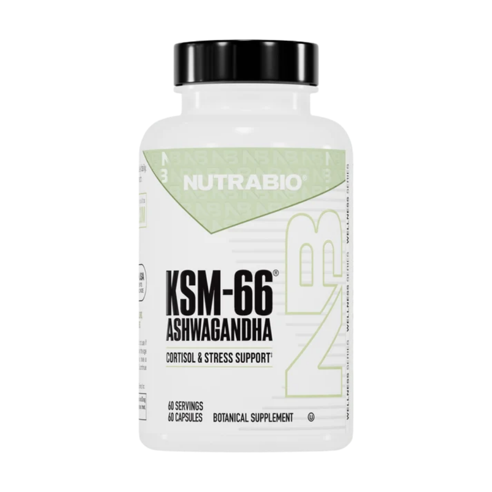 A white bottle of Nutrabio KSM-66 Ashwagandha dietary supplement with a black cap, shown on a plain white background.