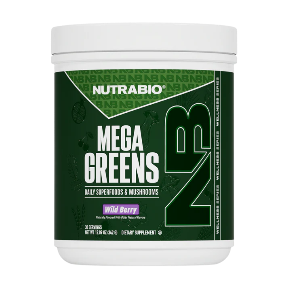 NutraBio Mega Greens Wild Berry flavor on a white background