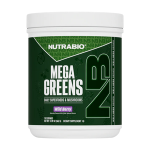 NutraBio Mega Greens Wild Berry flavor on a white background