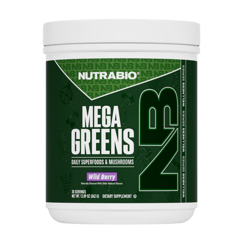 NutraBio Mega Greens Wild Berry flavor on a white background