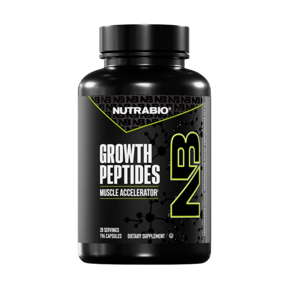 A black bottle of Nutrabio Growth Peptides Muscle Accelerator dietary supplement, featuring a black label with white and neon green text and graphics.